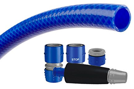 TATAY Kit tubo da giardino Blue Line 25 metri Ø3/4 19mm, 3 strati, Realizzato in Spagna, Resistenza 20 bar e -20°/60°, Intrecciato, senza cadmio e piombo, senza BPA, anti-UV, Colore Blu