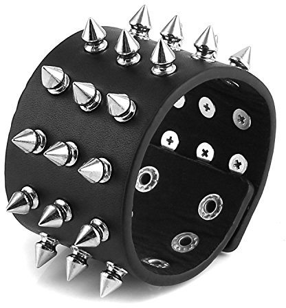 HZMAN Unisex Black Metal Spike Studded Punk Rock Biker Wide Strap Leather Bracelet (5cm Wide - Spike Black)