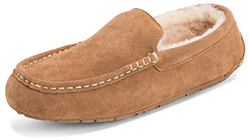 Polar Men’s Moccasin Slippers - Warm Fleece Lined Indoor Outdoor House Shoes with Memory Foam Comfort and Hard Sole - Classic Slip-On Winter Loafers - Tan - UK 10