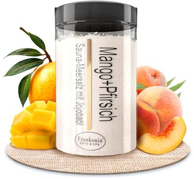 Frankonia BATH & SPA Sauna Salz Peeling Mango Pfirsich – 400 g Meersalz-Körperpeeling mit Jojobaöl & Vitamin E – Dusch- & Body Scrub für alle Hauttypen – Vegan & ohne Parabene