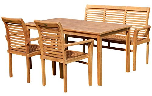 ASS ALEOS. Teak Set Gartengarnitur Tisch 150x80 cm mit 1 Bank 150 cm für 3 Personen und 2 Stapelstühle Sessel Holz Serie Alpen Gartenmöbelset Esstischgruppe
