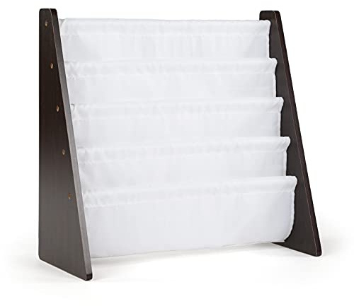 Humble Crew 4-Tier Kids Bookshelf, Espresso Wood/White - Premium Book Shelf for Kids Rooms with Four Deep Pockets - Toddler Sling Book Rack with Deep Sleeves, Nursery Bookcase Organizer