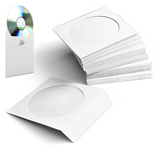 Flexzion DVD CD Sleeves 100 Pack - Paper CD Sleeves for Blank CDs for Burning Music Movie Video Game Disc - Thick Disc Sleeve CD Envelopes Storage with Window Cutout and Flap, White