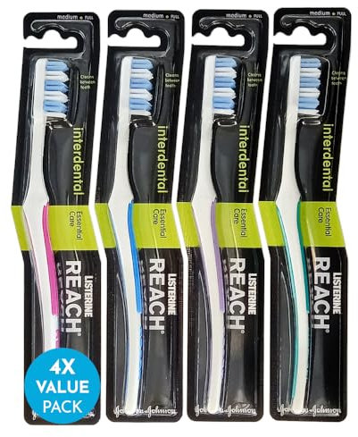 REACH Essential Care Interdental Medio Spazzolino, Confezione Singolo x 4, Testa piena Hard Setole Spazzolini manuali, Varietà di colori Multipack, Quotidiano Orale Smalto Cure odontoiatriche