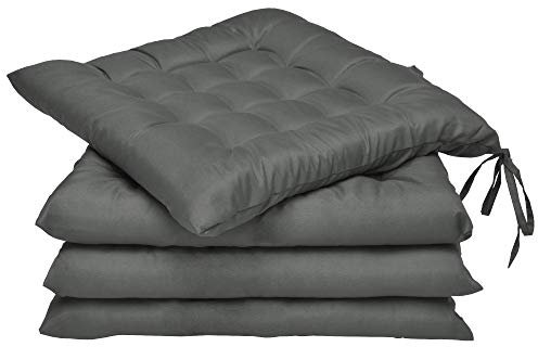 Beautissu 4er Set Stuhlkissen 40x40 mit Bändern – Indoor & Outdoor Sitzkissen Lea mit 5 cm Polsterung - Auflagen für Gartenmöbel & Stühle in Anthrazit