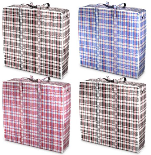 4 Pcs Large Laundry Bag with Handles – Large Moving Bags with Zippers – 23.6 x 23.6 x 5.9 In (13 Gallons), Plaid Travel Bags for Clothes, Holiday Travel & Seasonal Storage | Moisture & Dirt Resistant