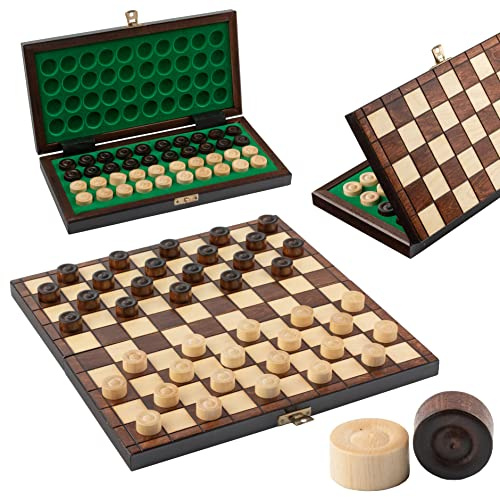 Dambordspel i Trä 32 cm - Handgjort och Portabelt Set för Barn och Vuxna - Spelpjäser i Björkträ
