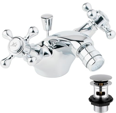 Deva TUD114 Tudor Bidet Mixer Tap in Chrome-with Pop Up Waste-Dual Cross Handle-Hot & Cold Victorian Era Deck Mounted Bathroom Basin Single Hole Silver Faucet-12 Year Warranty