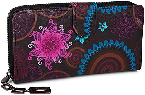 styleBREAKER Damen Geldbörse mit Buntem Blumen Blüten Mandala Muster, Ethno Style, Reißverschluss, Portemonnaie 02040040, Farbe:Dunkelblau-Blau-Pink
