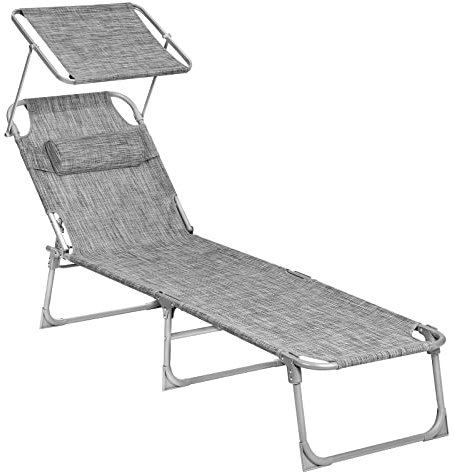 SONGMICS Sonnenliege, klappbarer Liegestuhl, 193 x 53 x 29 cm, trägt bis zu 150 kg, Sonnenschutz, Kopfkissen, verstellbare Rückenlehne, für Garten, Pool, Terrasse, grau meliert GCB19T