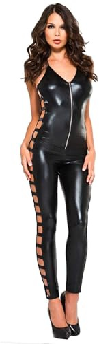 MUSIC LEGS Women's Wet Look Side Cut Out Bodysuit, Black, Small