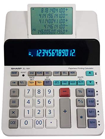Sharp EL-1901 Anzeigender Tischrechner (Paper& Ink-Free, 12-stelliges und 5-zeiliges LCD Display) Weiß, 193 x 66 x 254 mm