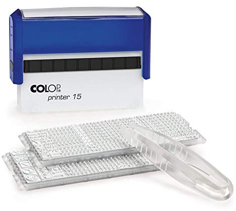 Colop Printer 15 Stempel-Set, für bis zu 2 Textzeilen zum selber setzen, inkl. 2 Typensets und Pinzette, Abdruck schwarz.
