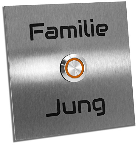 Jung-Edelstahl-Design Türklingel Bochum mit Gravur. Klingelplatte verschiedene Größen. Led Taster (orange). Klingelschild aus V2a Edelstahl.