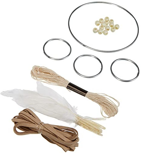 RAYHER HOBBY Rayher Bastelset Traumfänger, aus Metallringen, Holzperlen, Baumwollgarn, Lederband und Federn, Länge 33 cm, Breite 17 cm, beige/weiß, Deko-Hänger, Wanddekoration, 66046000