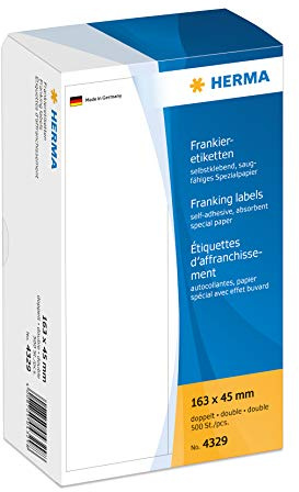 HERMA 4329 Frankieretiketten für Frankiermaschinen, doppelt, 163 x 45 mm, 500 Stück, selbstklebend, matt, 2fach Papier Frankier-Etiketten Klebeetiketten Aufkleber, weiß