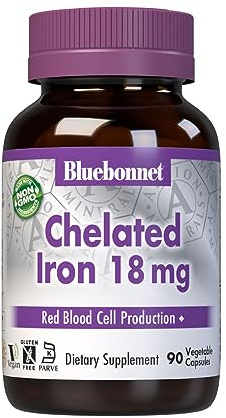 Bluebonnet Nutrition Chelated Iron 18 mg - non-constipating Iron - Soy-Free, Gluten-Free, Non-GMO, Kosher Certified, Dairy-Free, Vegan - 90 Vegetable Capsules, 90 Servings