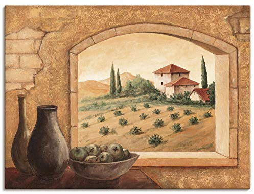 ARTLAND Wanddeko Leinwand Bilder Wandbild Fensterblick Fenster Toskana Landschaft Italien Natur Malerei Ocker T4MW