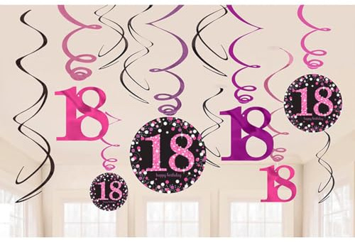 amscan Unisex Partyhutchen Karton Glitzernde rosa Wirbel-Dekorationen zum 30. Geburtstag (12 Stück) – 1 Packung