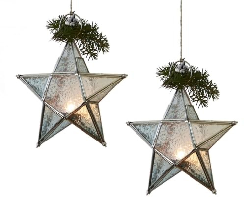 Loberon Windlicht 2er Set Kian, klar/Silber | Sterne Aus Messing & Glas Mit Hängevorrichtung - Handgefertigt - Deko Weihnachten - 2 Stück