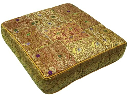 GURU SHOP Orientalisches Patchwork Kissen 50 cm, Bodenkissen, goldgelb | Eckiges Sitzkissen, 100% Viskose, Reißverschluss, einzigartiges Design, gemütlich und praktisch für jeden Raum.
