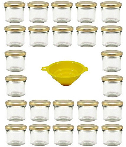 Viva Haushaltswaren G1130125/24T/X Lot de 24 Petits Pots de Confiture avec Couvercle doré 125 ML + Entonnoir Jaune avec système de Blocage