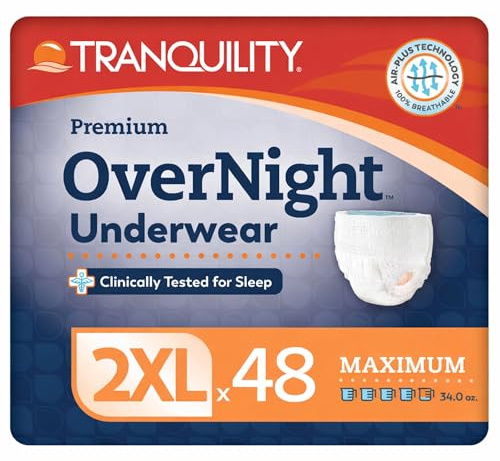 Tranquility Premium OverNight Disposable Absorbent Underwear (48 Count) - 2XL, 62-80 in. Waist - Maximum Absorbency, All-Night Sleep, Breathable Comfort, 48 Adult Diapers