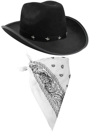 ILOVEFANCYDRESS Cowboy Zubehör-Set mit schwarzem Cowboyhut mit Stern-Nieten und Band und farbiges Bandana / Tuch mit Paisley-Muster