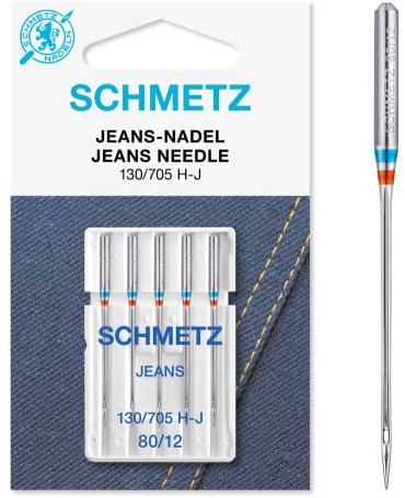 SCHMETZ | 5 Nähmaschinennadeln | Jeans | 130/705 H-J | Nadeldicke 100/16 | Geeignet für das Vernähen von Jeans und ähnlichen Stoffen | auf jeder gängigen Haushaltsnähmaschine einsetzbar