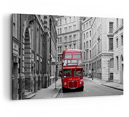 ARTTOR Bilder auf Leinwand 120x80cm Wandbild Schwarz-Weiß Vintage - 2153 | Bus England London Groß XXL Wanddekoration Wohnzimmer Schlafzimmer Küche Wanddeko Wand Kunstdruck Wandkunst Wall Decor ARTTOR