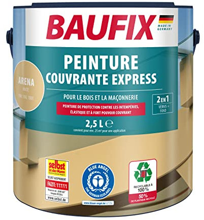 Baufix Express Peinture de finition sable mat, 2,5 l, peinture de protection contre les intempéries, peinture pour bois, durable, convient pour bois/plâtre/maçonnerie/meubles/clôtures