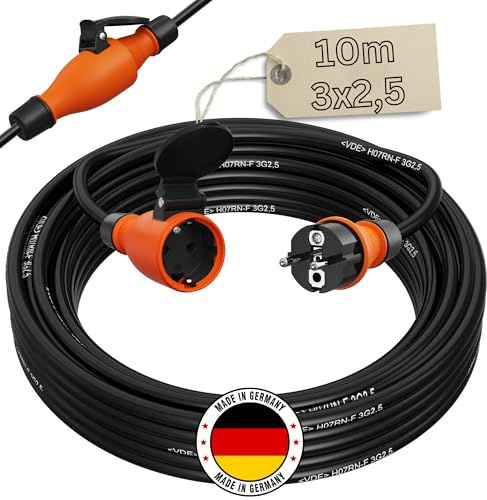 netbote24 Schutzkontakt Gummi-Verlängerungskabel H07RN-F 3x2,5 mm² (IP44 - Außenbereich) AC 230V / 16A (10m)
