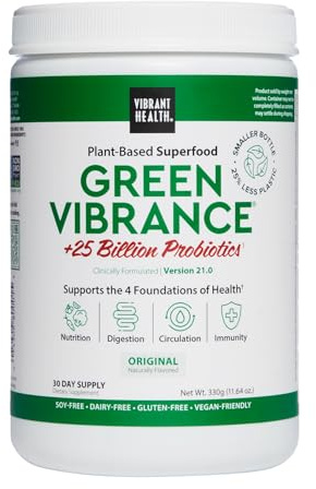 Vibrant Health, Green Vibrance, Includes 65 Plant-Based Superfoods, 25 Billion Probiotics, Fiber, Adaptogens & Enzymes, 30 Servings