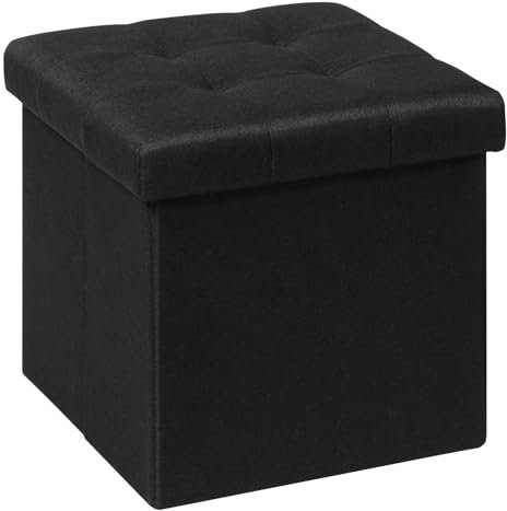 Bonlife Folding Ottoman Storage Box, Linen Black Cube Toy Chest with Lid, Multipurpose Footstool for Living Room, Bedroom & Nursery, 32x32x32cm, 120kg Capacity