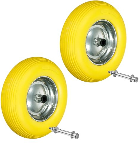 ECD Germany 2 x Roue de Brouette 4.80/4.00-8 - en Caoutchouc Solide PU Résistant - avec Essieu Axe - Diamètre Roue 390 mm - Jaune - Roue de Secours Chariot de Transport - Capacité Charge 200 kg