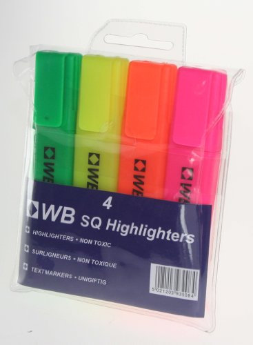 4 Assorted Original WB Square Highlighters Marker Pens Chisel Tip 1-4mm Line Wallet of 4 Green Yellow Orange Pink Non Toxic Ink
