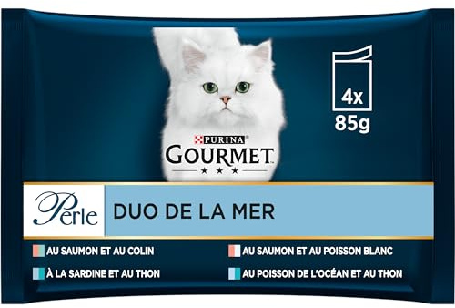 GOURMET | PERLE | Duo de la Mer | Chat Adulte | Saumon et Colin, Sardine et Thon, Saumon et Poisson Blanc, Thon et Poisson de l'Océan| Sachets Fraîcheur | 12 x (4 x 85 g)