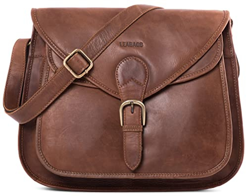 LEABAGS Leder Handtasche Damen I Premium Echtleder Umhängetasche I Damen Schultertasche I Damentasche I Tragetasche für Arbeit Uni Schule Freizeit I Größe L (32 x 31 x 9 cm) I Nature Hellbraun