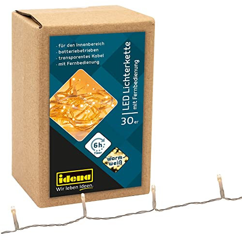 Idena 31602 - Catena luminosa a LED con 30 LED in bianco caldo, con funzione timer 6 ore e telecomando, a batteria, lunga circa 1,75 m, per interni, per feste, Natale, decorazione, matrimonio