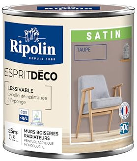 RIPOLIN - Peinture Intérieure Multi-Supports – Murs, Boiseries & Radiateurs – Ultra-Couvrante – Lessivable – Application Facile – Ecolabel - Satin - 0,5L - Taupe