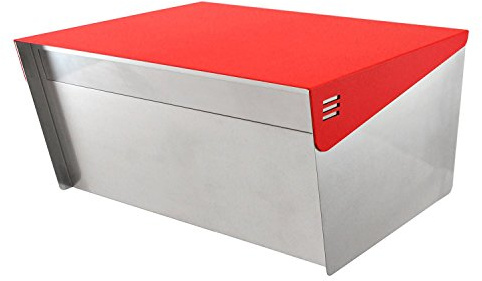 KATANABOX Wide DR - Extra Large Stainless Steel Post Mount Modern Design Mailbox with Lock and Key, Mid Century Secure Letterbox, Double Door Rear Access, 12 x 15 x 8 (Red)