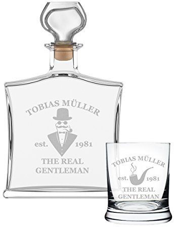 polar-effekt 2-TLG Geschenk-Set mit Whiskeyflasche und Whiskyglas - Edle Glas-Karaffe Inhalt: 700ml - Geschenk für Männer - Personalisiert mit Gravur - Motiv a Gentleman