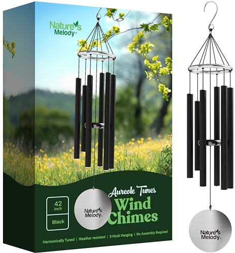 Nature's Melody Aureole Tunes Carillon à Vent d'extérieur, 6 Tubes, Gamme pentatonique de Do, Aluminium Inoxydable, Finition poudrée, Crochet en S, pour condoléances, Cadeau commémoratif, Jardin Zen