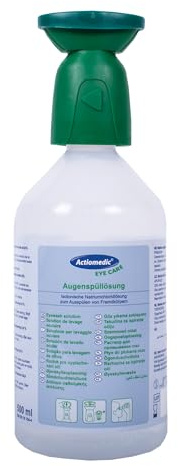 ACTIOMEDIC I Flacon rince-œil avec solution de chlorure de sodium 0,9%, Rinçage salin stérile pour les yeux, Tête de rinçage ergonomique et capuchon, Produits de premiers soins, Lave-œil 500 ml