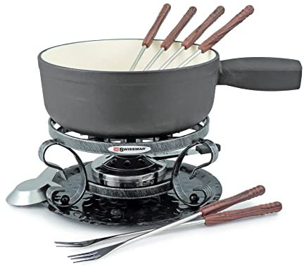 Swissmar KF-66513 Lugano - Juego de fondue de 9 piezas, hierro fundido/acero inoxidable, negro mate, 2 L, juego de fondue multiusos para carne, queso y chocolate, en caja de regalo