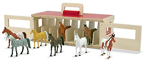 Melissa & Doug Take-Along Show-Horse Stable Play Set– Pretend Play Wooden Barn Toy with 8 Horse Toys & Carrying Case, Portable Preschool Travel Toys for Kids Ages 3+