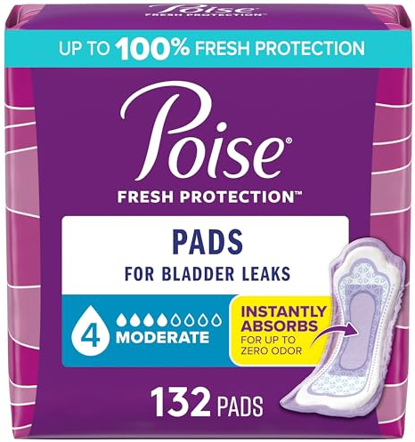 Poise Incontinence & Postpartum Pads for Bladder Leaks, 4 Drop Moderate Absorbency, Regular Length, 132 Count, Packaging May Vary