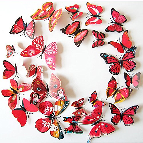 3D Schmetterlinge Blumen 12er Set Dekoration Wandtattoo (Alive (rot-pink))