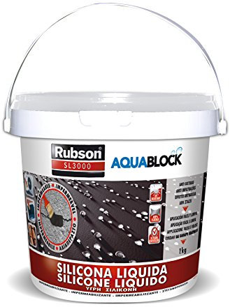 Rubson Aquablock Silicone Liquido SL3000, Facile e Sicuro da Usare, per Impermeabilizzazione e Riparazione di Tetti e Coperture Piani e Inclinati, Guaine, Fioriere, Bianco, Secchio 1kg