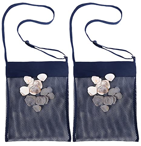 RIMOBUL Sand Away Beach Treasures Seashell Pocket Mesh Bags - Set of 2 (Large) (Navy Blue)